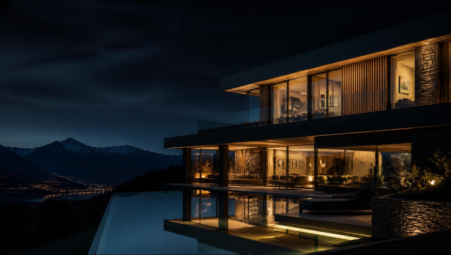 Villa contemporaine construite par Martin & Associés, façade vitrée éclairée à la tombée du jour