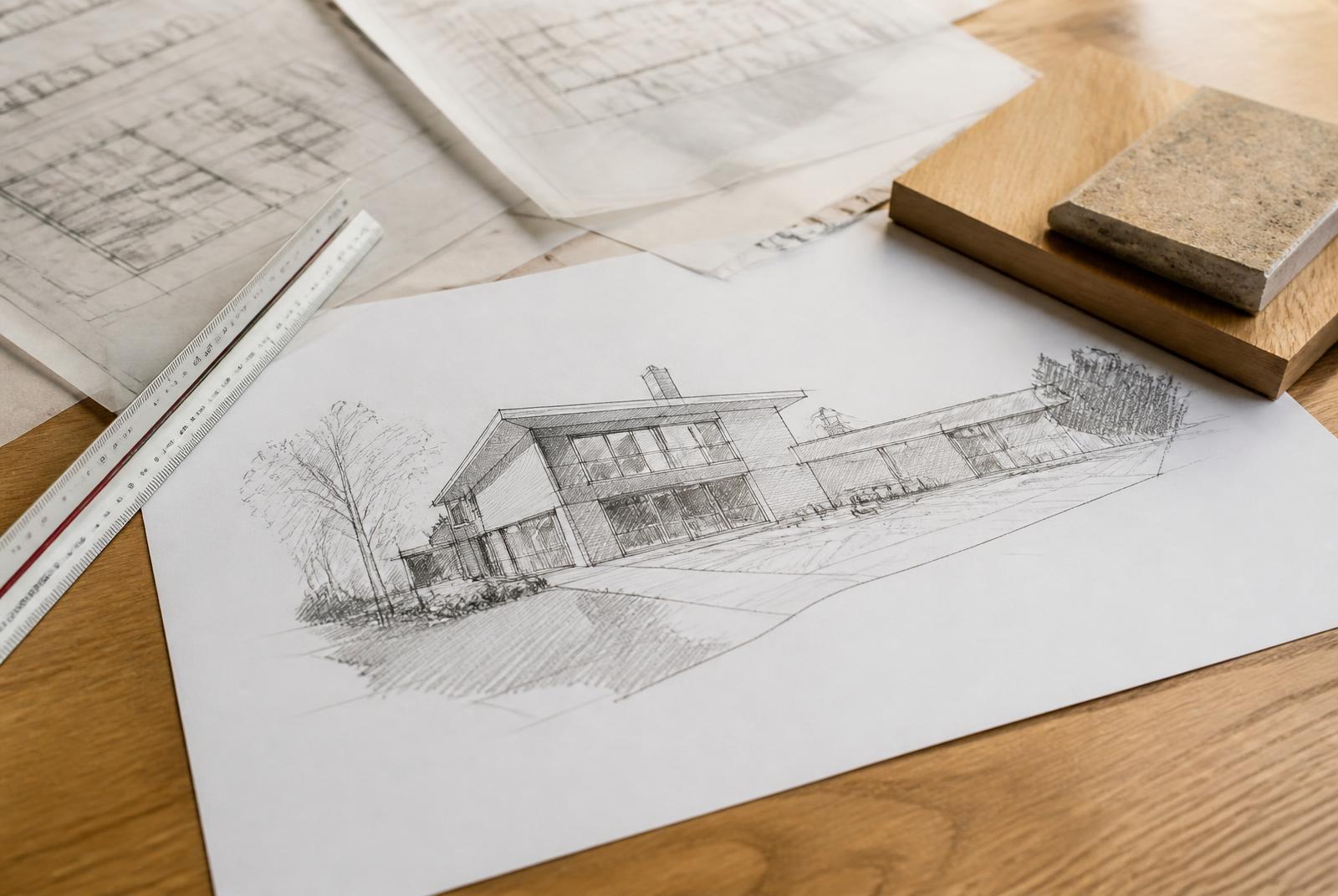 Croquis d'architecte, plans et échantillons de matériaux sur une table en chêne