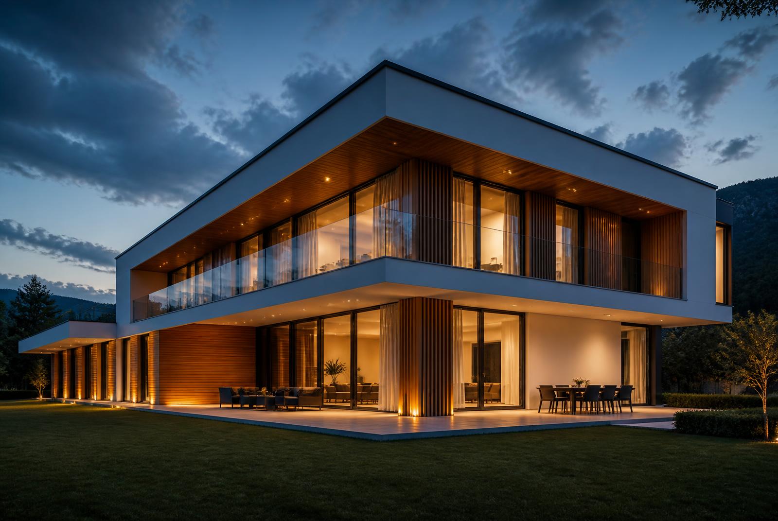 Villa contemporaine éclairée à la tombée du jour