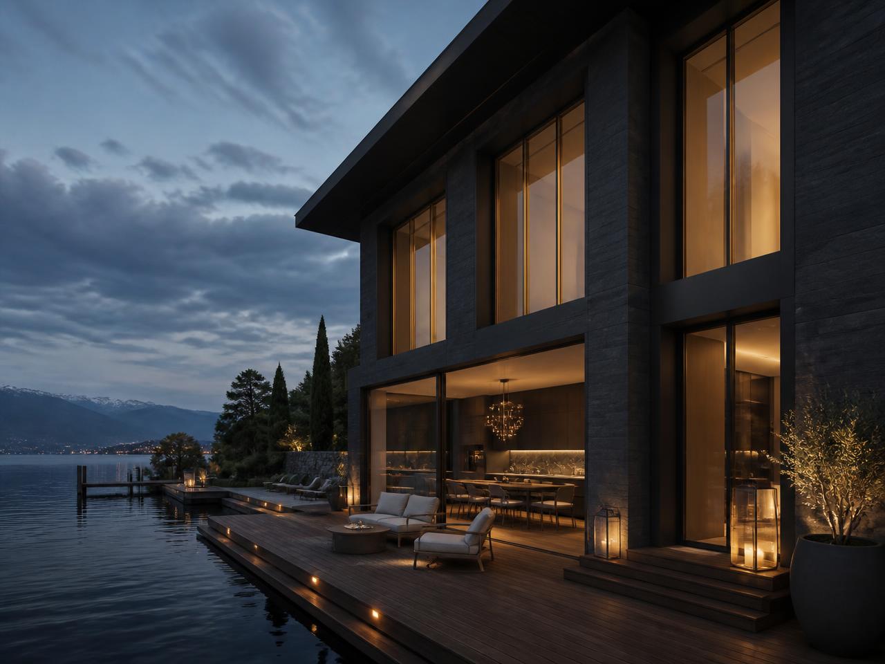 Villa au bord d'un lac, façade sombre et cadres bronze