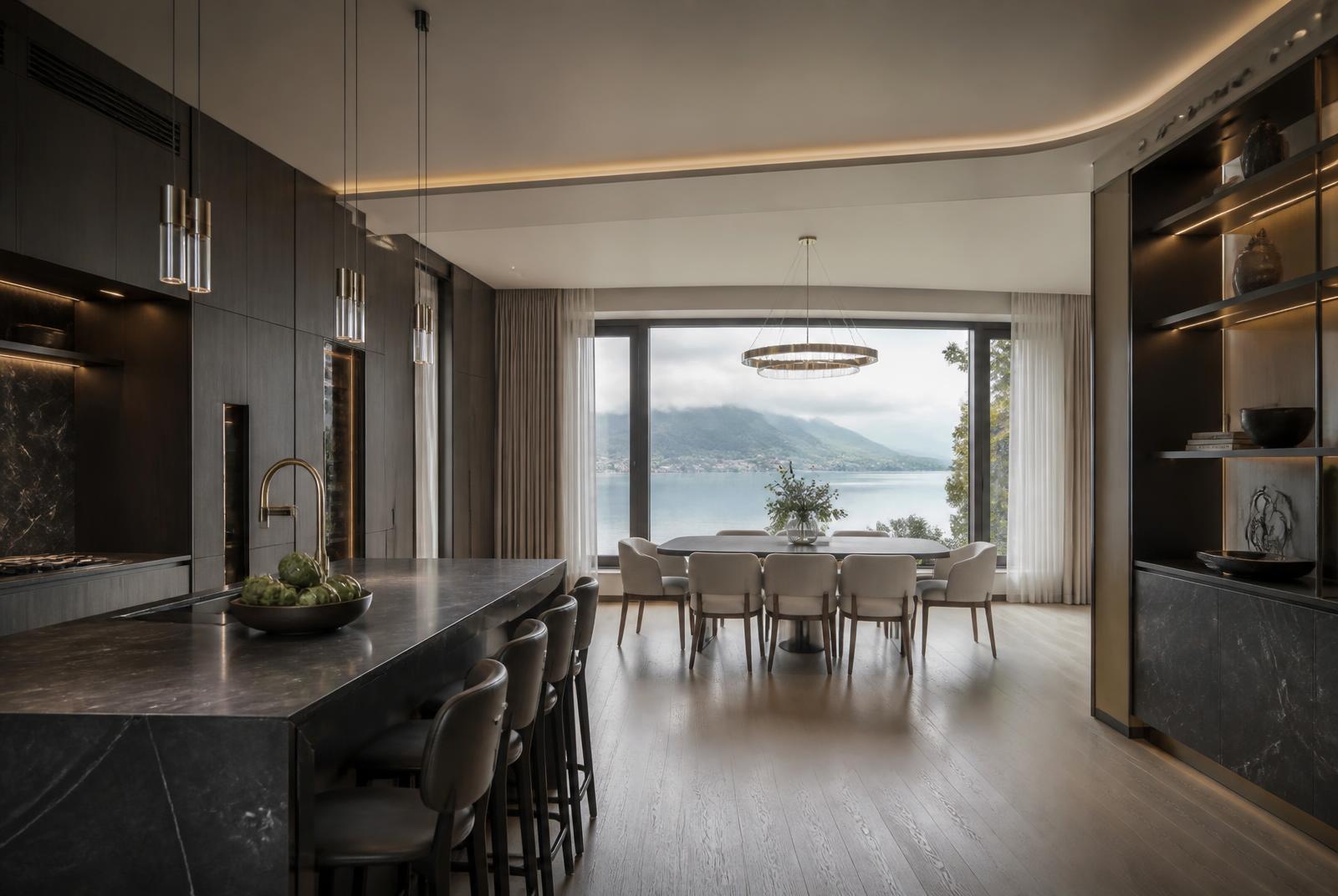 Salle à manger avec îlot en pierre sombre et vue lac