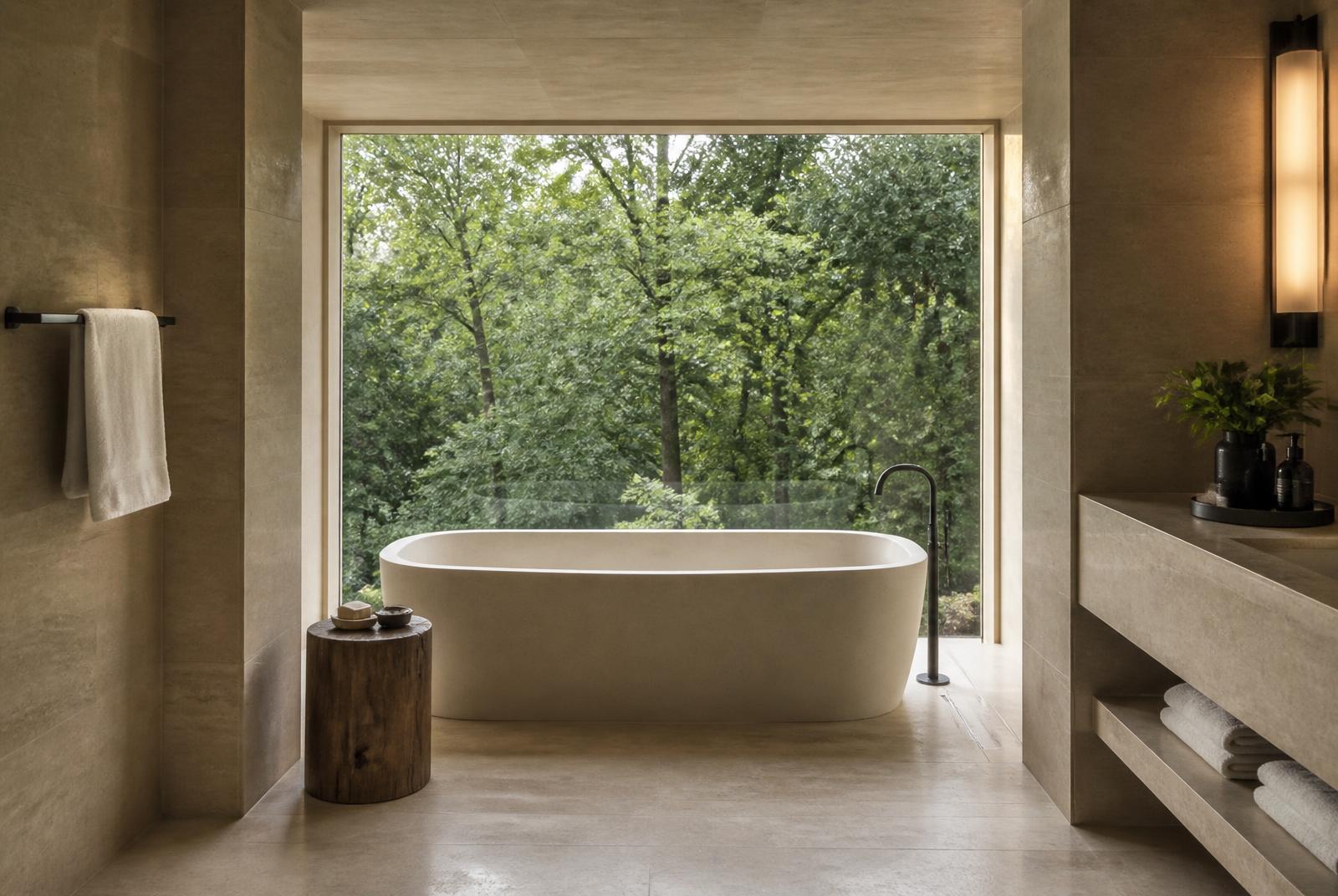 Salle de bain en travertin avec baignoire îlot