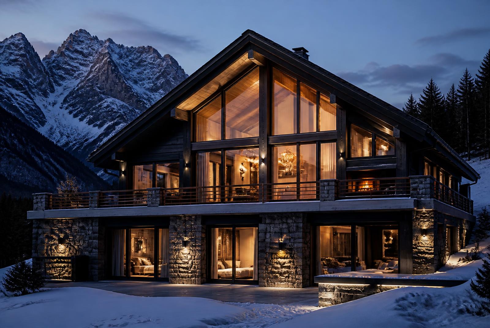 Chalet contemporain au crépuscule, montagnes enneigées