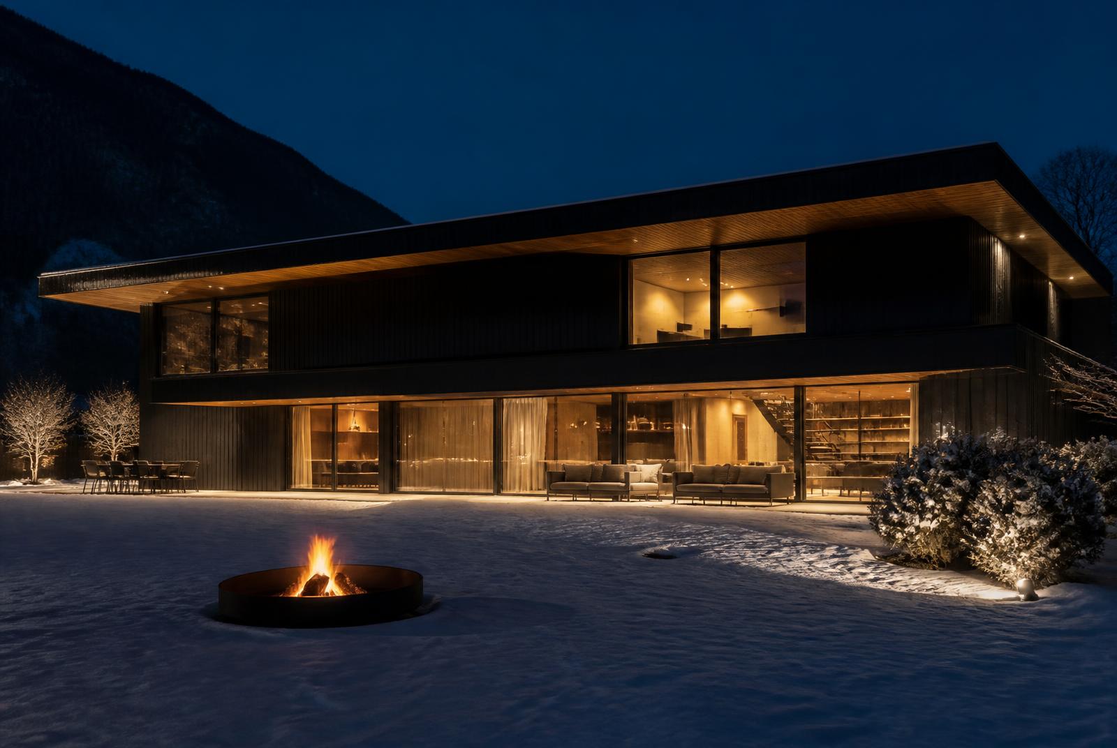 Résidence en bois noirci éclairée de nuit, neige au sol